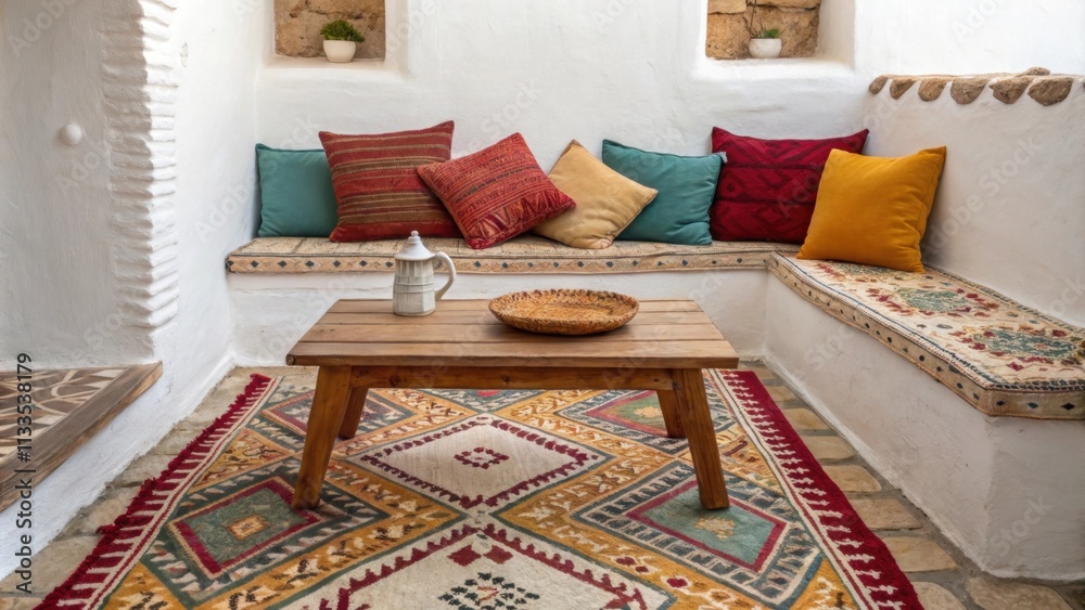Poster An inviting nook adorned with a richly patterned Moroccan rug plush pillows in bright hues and a minimalist wooden coffee table positioned in the center.