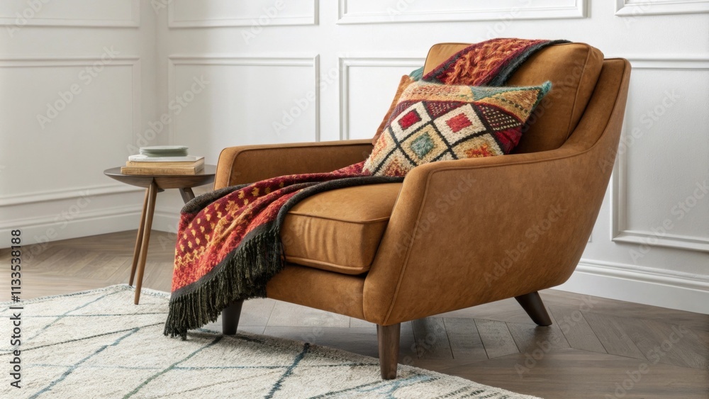 Poster An inviting low armchair features a rich earthy tone enhanced by a vibrant kilim throw casually p across the seat while plush knitted accents add layers of comfort and