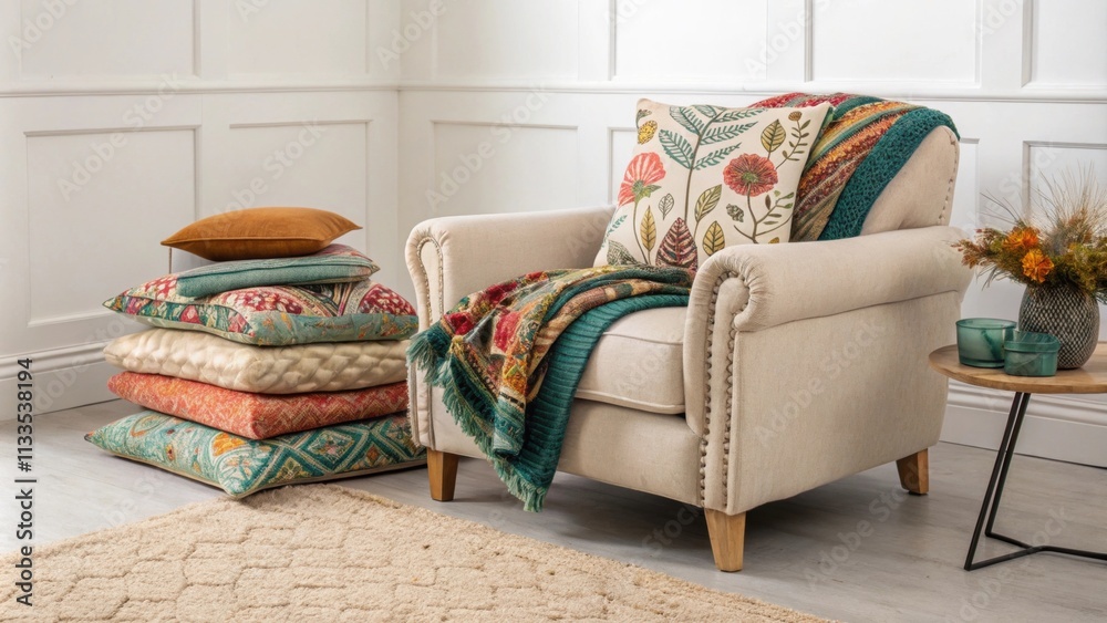 Poster A laidback corner featuring a snug armchair with eclectic prints paired with layered colorful throws and accent pillows all set atop a soft luxurious wool rug for added