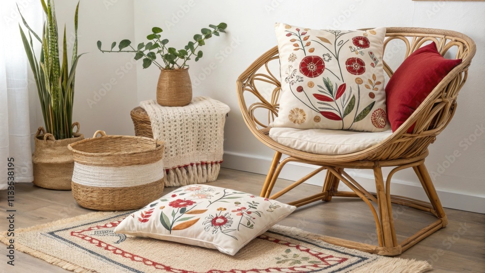 Aufkleber a comfortable setting highlights a rustic wicker chair filled with bold embroidered cushions sitting