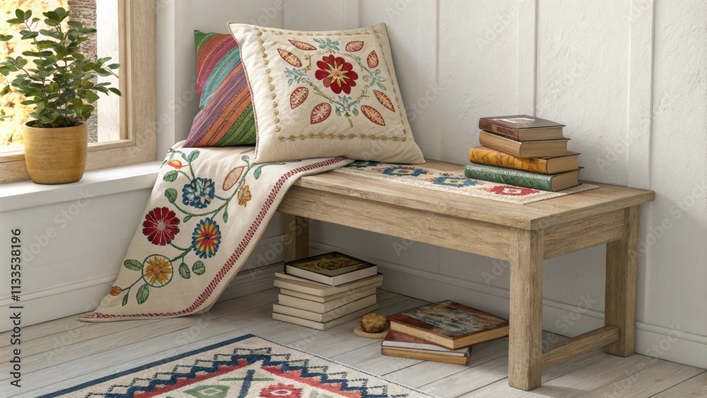 Poster A charming nook highlights a simple wooden bench accentuated by an array of colorful embroidered textiles alongside a neatly piled stack of books that adds a literary touch