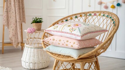 The inviting space showcases a handmade wicker chair layered with soft colorful cushions creating a bohemian atmosphere enriched by intricate embroidery.