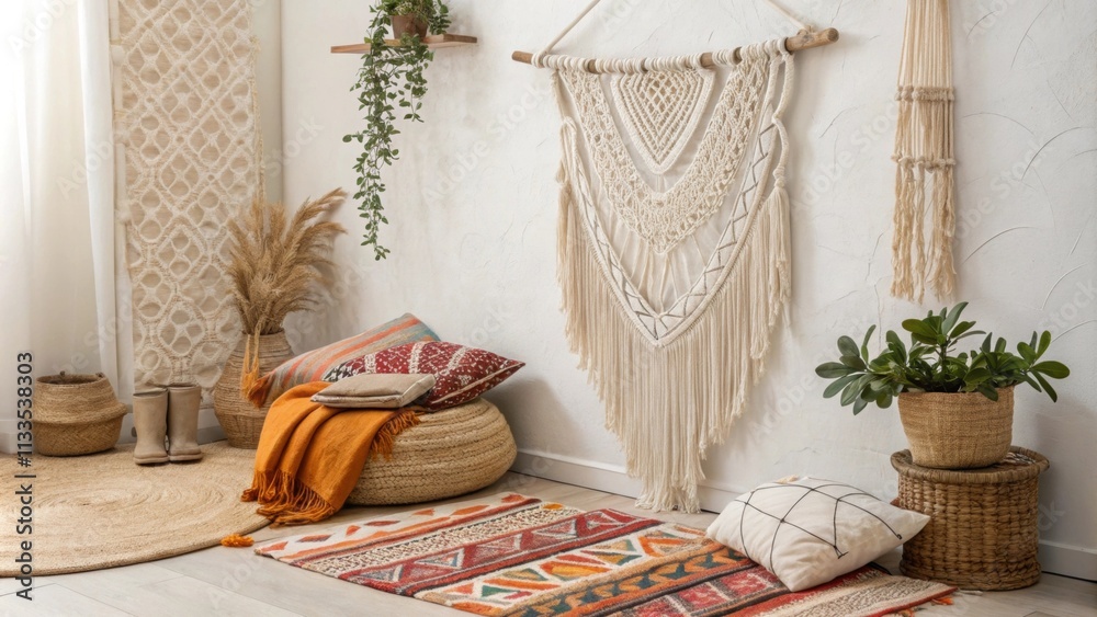 Aufkleber A serene space decorated with intricate macrame hangings a collection of bright patterned throws and eclectic rugs that add depth and warmth to the relaxed reading
