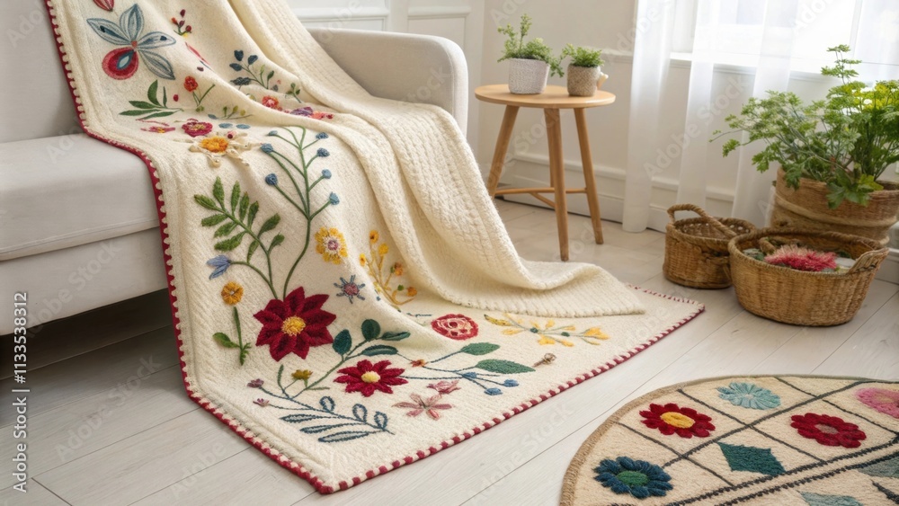 Poster A tranquil setting highlighting a snug wool blanket adorned with colorful embroidery harmoniously paired with a bold and vivid area rug that adds depth and character.