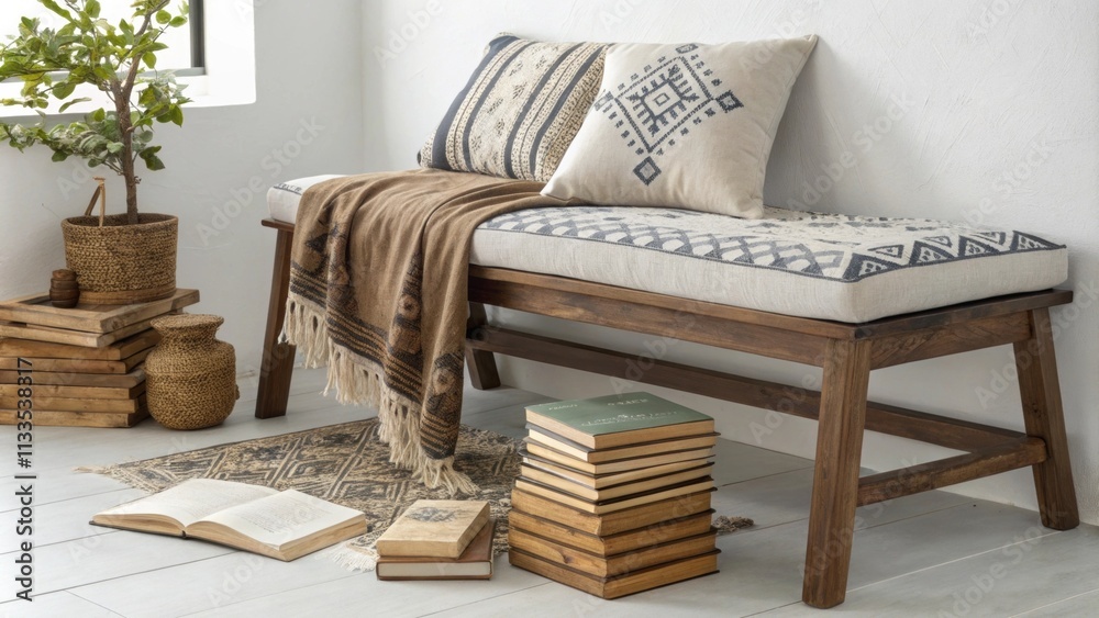Poster in a serene reading area a low wooden bench is accentuated by a decorative patterned throw alongside