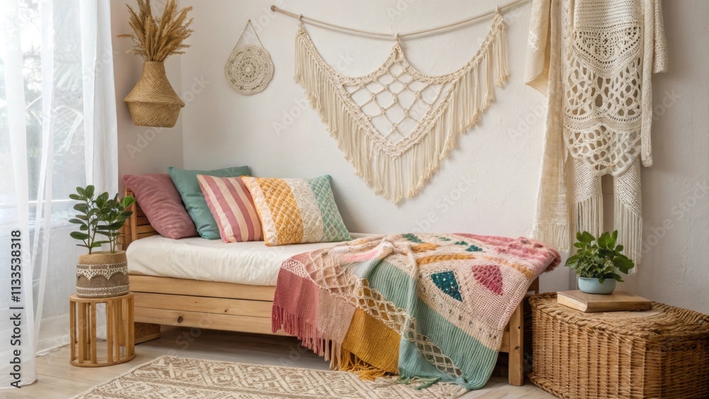 Poster A tranquil area features a daybed dressed in an assortment of colorful throws complemented by hanging macrame decor that enriches the overall layered and bohemian look.