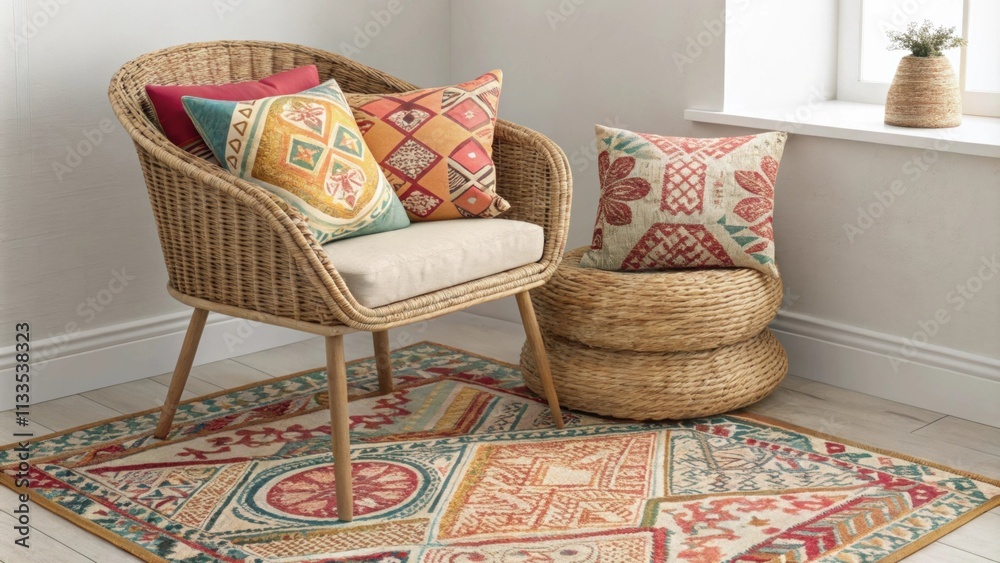 Poster Nestled in a corner a rattan chair is surrounded by a mix of patterned cushions in bright hues while intricate layered rugs add depth to the space exuding a bohemian charm.