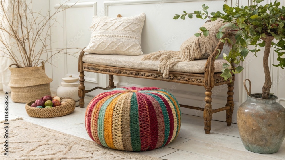 Poster a charming corner arrangement with a colorful textured pouf in the foreground an antiquestyle rustic