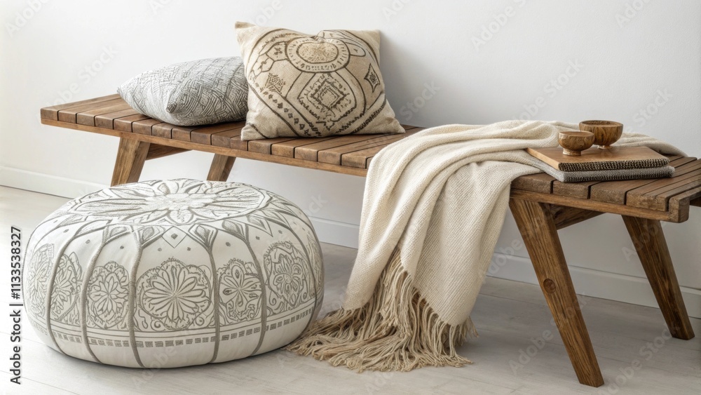 Aufkleber A relaxed seating area highlights a striking pouf with intricate designs paired with a sy handcrafted wooden bench accented by cozy wool blankets and throws that invite