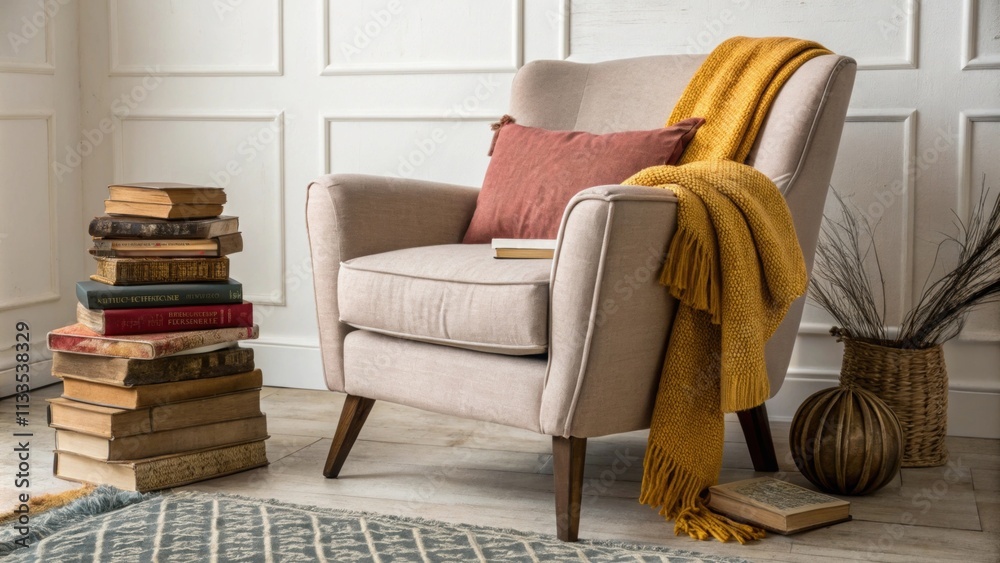 Poster A relaxed low armchair upholstered in muted tones surrounded by cheerful brightly colored throws with a rustic stack of vintage books leaning against one leg.