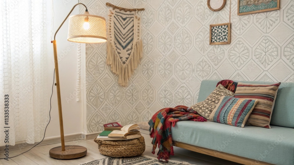 Poster An eclectic reading space dominated by a striking patterned wallpaper where a vintage floor lamp illuminates a pile of colorful fabric throws on a low couch and macrame wall