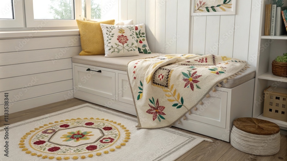 Poster A warm nook displaying a beautifully embroidered wool blanket artfully arranged on a plush seating option set against a backdrop of a bright dynamic area rug.
