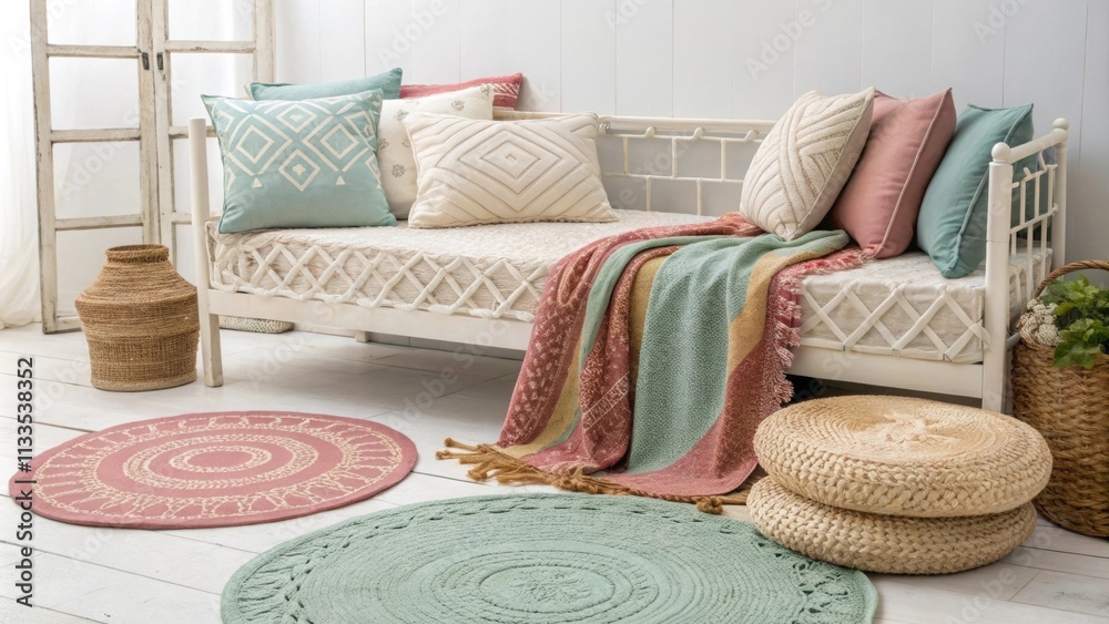 Poster a tranquil retreat showcasing a daybed draped with colorful throw pillows and blankets complemented 