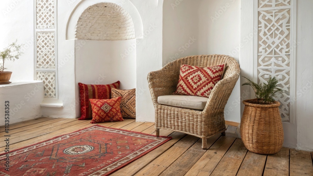 Aufkleber A serene space with a textured wicker armchair set against a backdrop of bold patterned cushions while a richly designed Moroccan rug adds depth and warmth to the rustic
