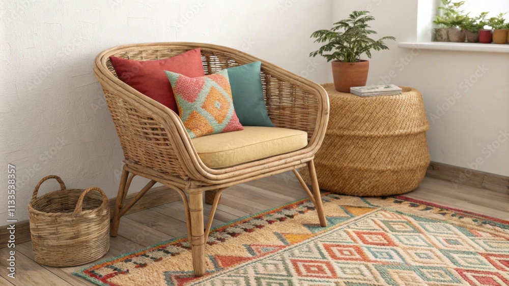 Poster A charming corner is highlighted by a natural wicker chair embellished with an array of colorful cushions set against a backdrop of a beautifully woven kilim rug.