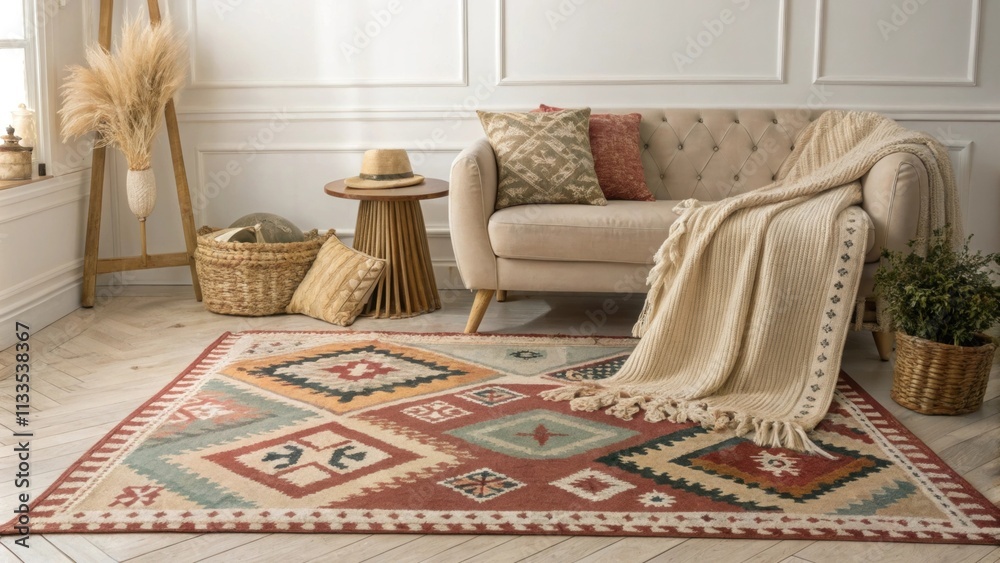 Aufkleber a stylish interior space with a richly patterned kilim rug on the floor enhanced by a mix of daringl