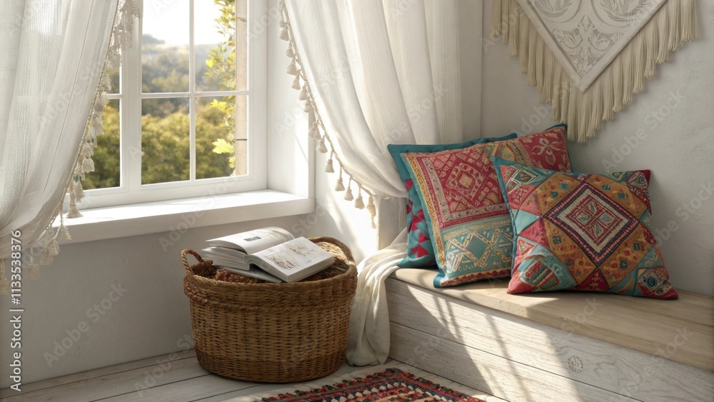 Poster An inviting reading corner featuring a sunlit window draped with fringed curtains showcasing pillows in vivid hues and intricate designs while a woven basket holds an array