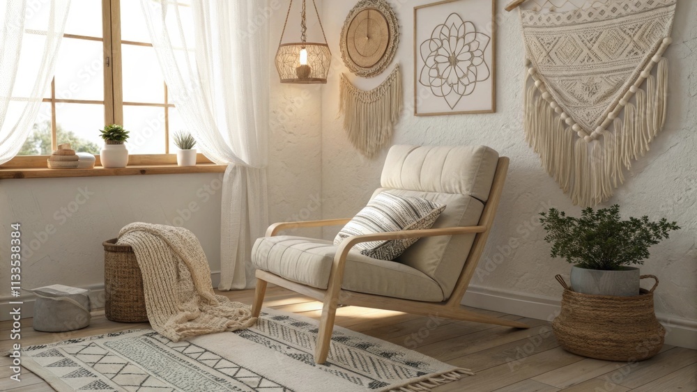 Poster A relaxing corner with a sunlit window highlighting a comfortable lounge chair surrounded by an assortment of layered area rugs plush throws and textured wall hangings for a