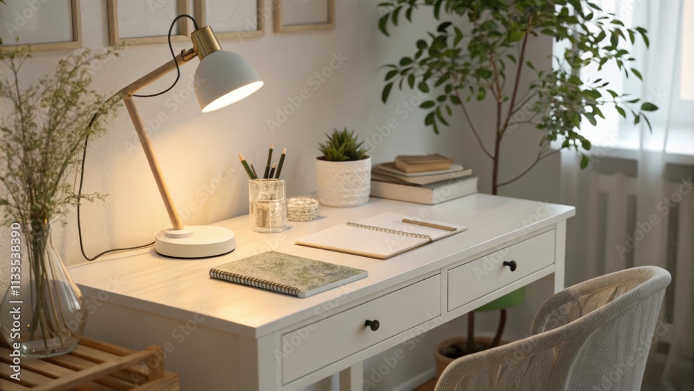Poster a tranquil office setup with a white desk bathed in warm light from a lamp accented by a delicate pl