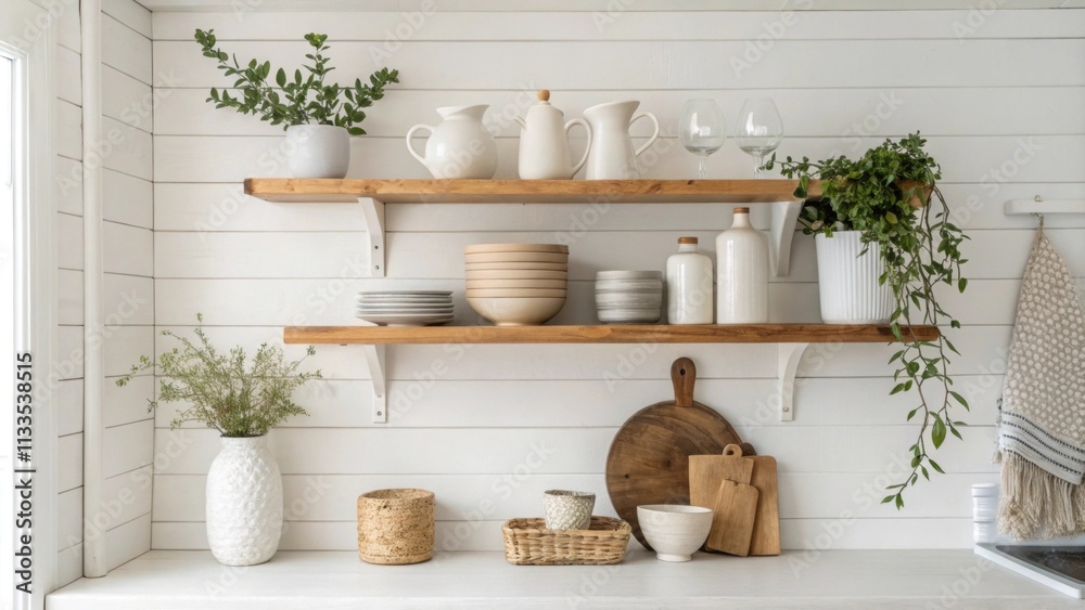 Poster In this charming kitchen smooth white shiplap walls serve as a backdrop for stylish floating shelves displaying an assortment of delicate ceramic vases and rustic utensils.