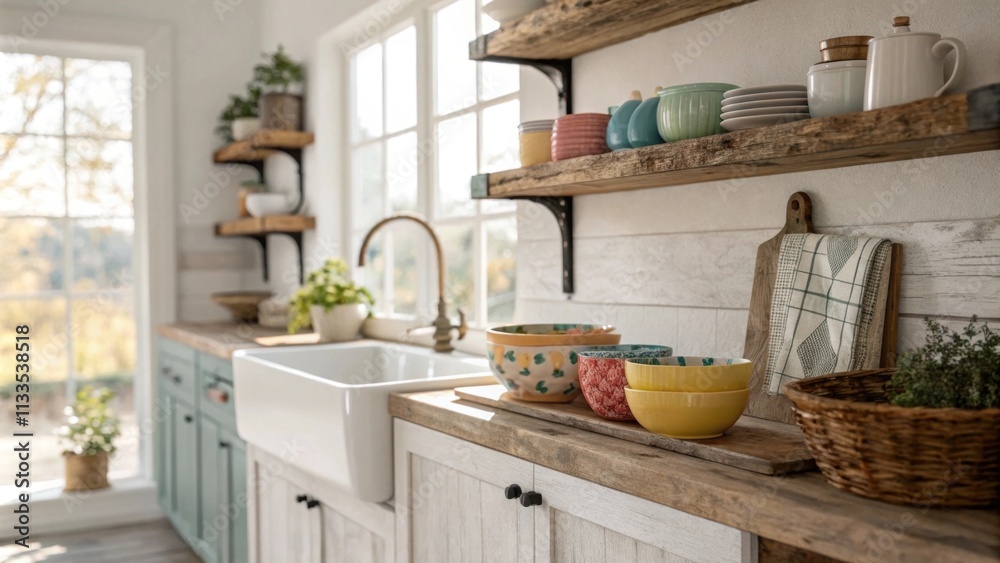 Aufkleber a cozy farmhouse kitchen with timber reclaimed wood shelves displaying colorful pottery a large apro