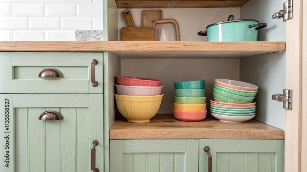 Poster Stylish kitchen design highlights open wooden shelves displaying colorful utensils set against a gentle muted backdrop and augmented with aged metal s and pulls.