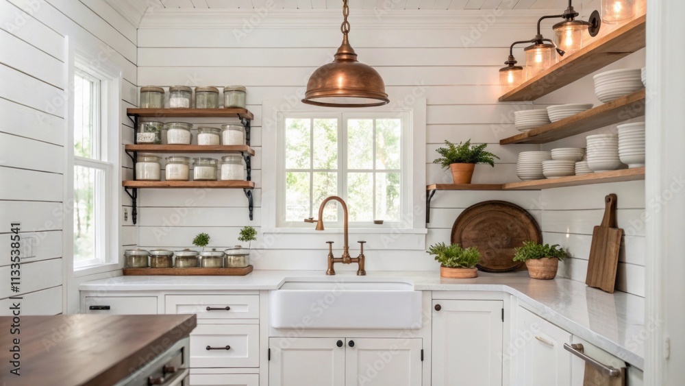 Aufkleber a picturesque cooking space with whitewashed walls a farmhouse sink and shelves lined with mason jar
