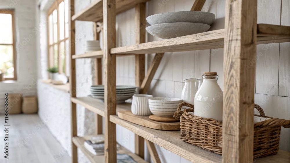Poster a minimalist farmhouse space showcasing simple wooden shelving with gentle ambient light highlightin