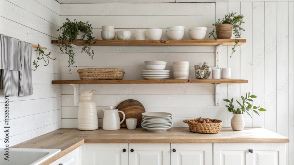 Aufkleber A serene rustic kitchen layout features open floating shelves arranged with simple ceramic pieces while the white shiplap walls radiate a soft homely vibe.