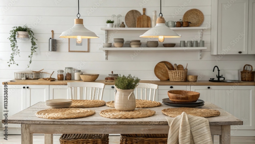 Poster Cozy kitchen scene with a farmhouse table set beneath hanging pendant lights surrounded by woven placemats and rustic cookware displayed on open shelves adding to the charm.