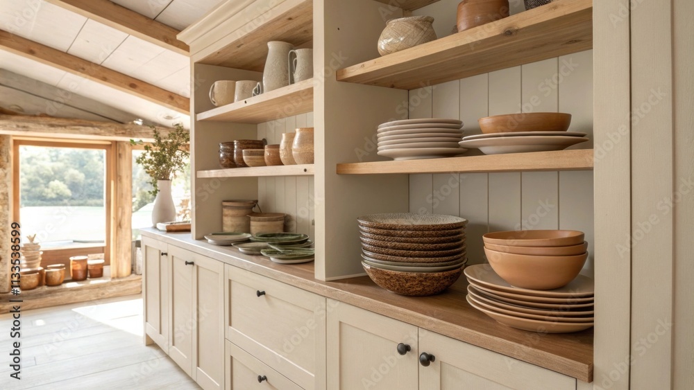 Poster open shelving showcases an array of earthytoned ceramic plates and bowls nestled in a charming kitch