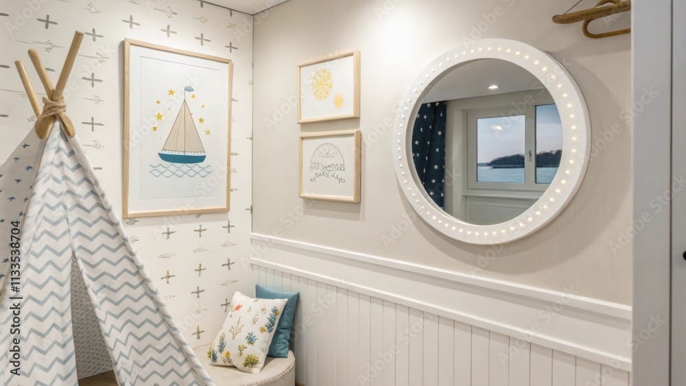 Poster The space showcases a clean neutralcolored design with subtle patterns a round mirror reflecting natural light and a single nauticalthemed artwork enhancing the peaceful