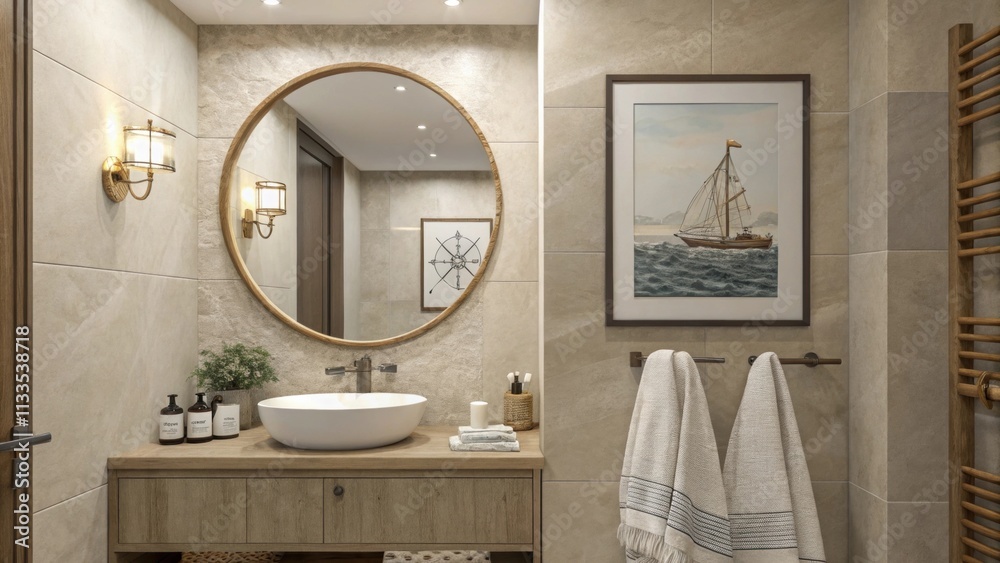 Poster a soothing bathroom environment characterized by muted earth tones a prominent round mirror that exp