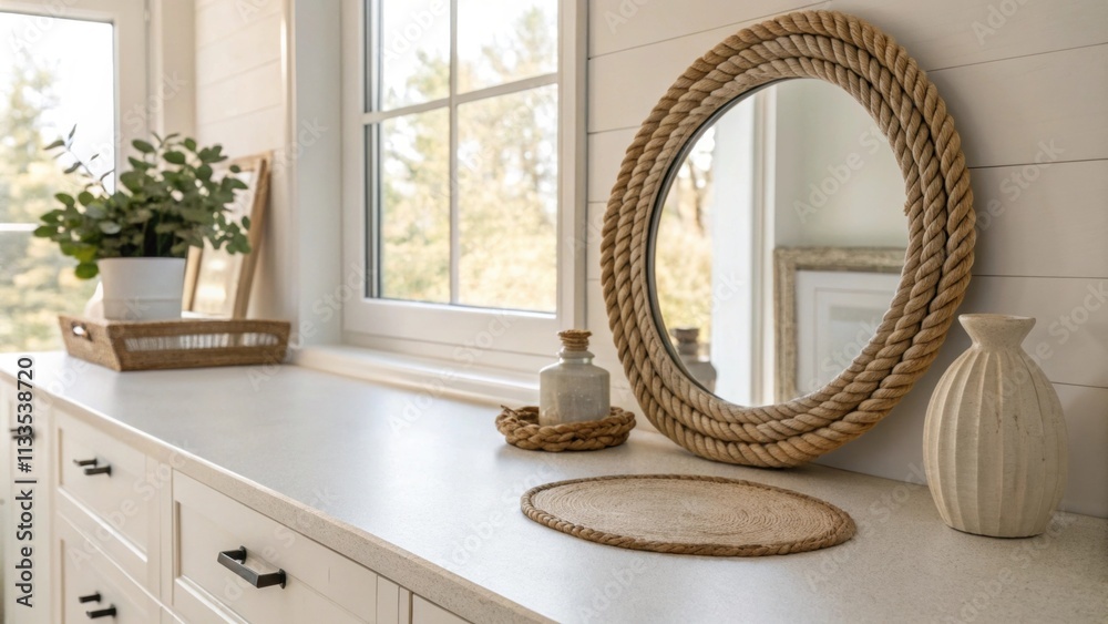 Poster The room showcases a smooth uncluttered countertop paired with a decorative mirror framed in rope while gentle natural light pours in creating a serene atmosphere.