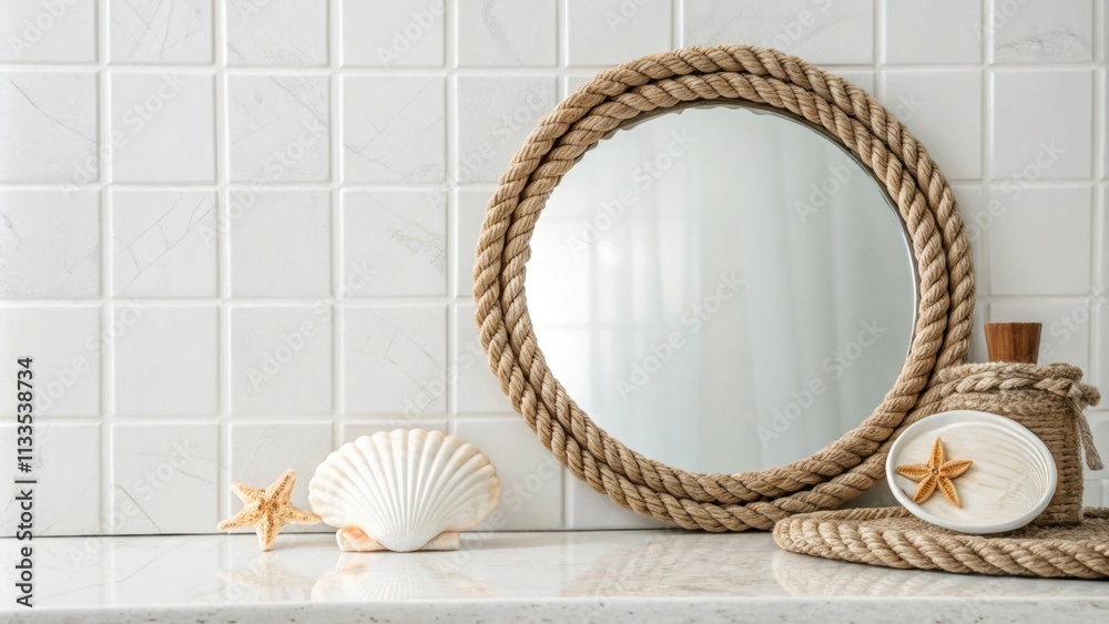 Poster A peaceful setting with smooth white tiles throughout a prominent round mirror with a rustic rope border and a single decorative seashell resting on a minimalist surface.