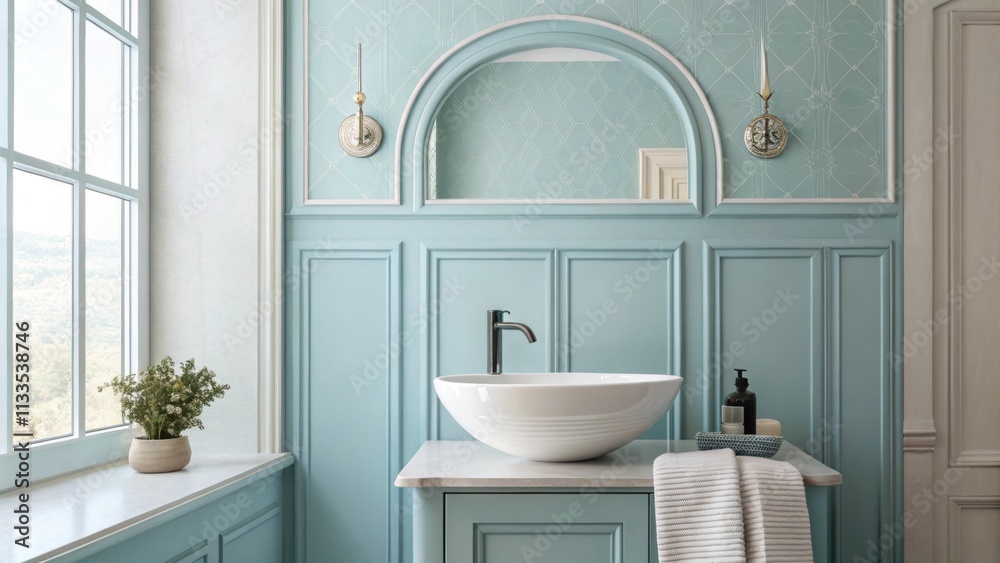 Poster a serene interior showcasing a light blue accent wall a stylish sink with streamlined design and dif