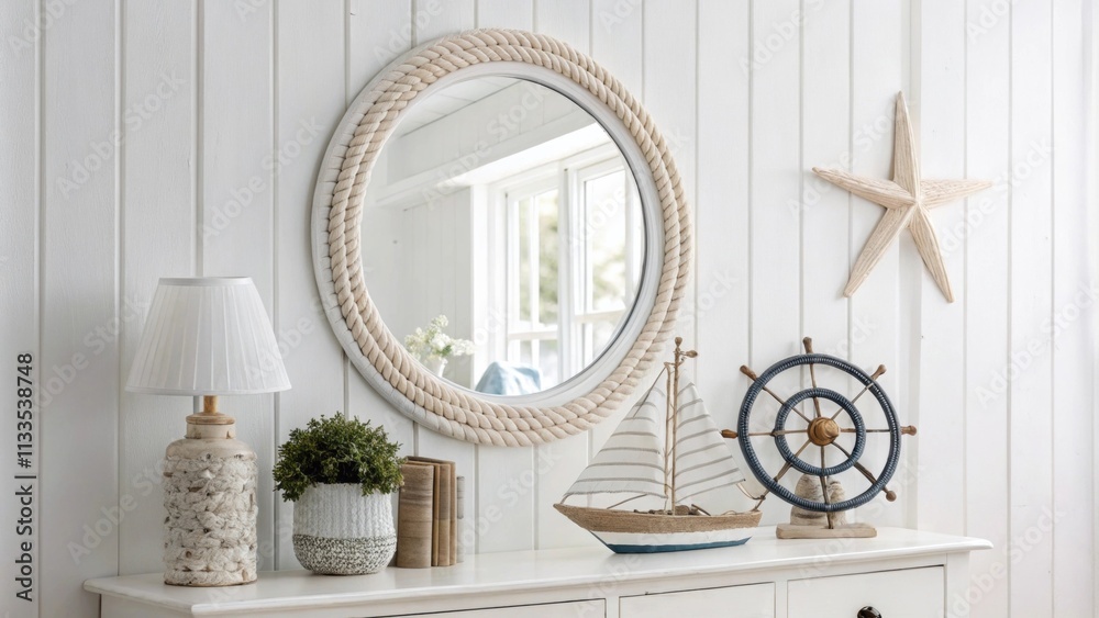Poster Bright white walls form a backdrop for a stylish round mirror while a quaint nautical sculpture adds a whimsical element to the clean uncluttered aesthetic.