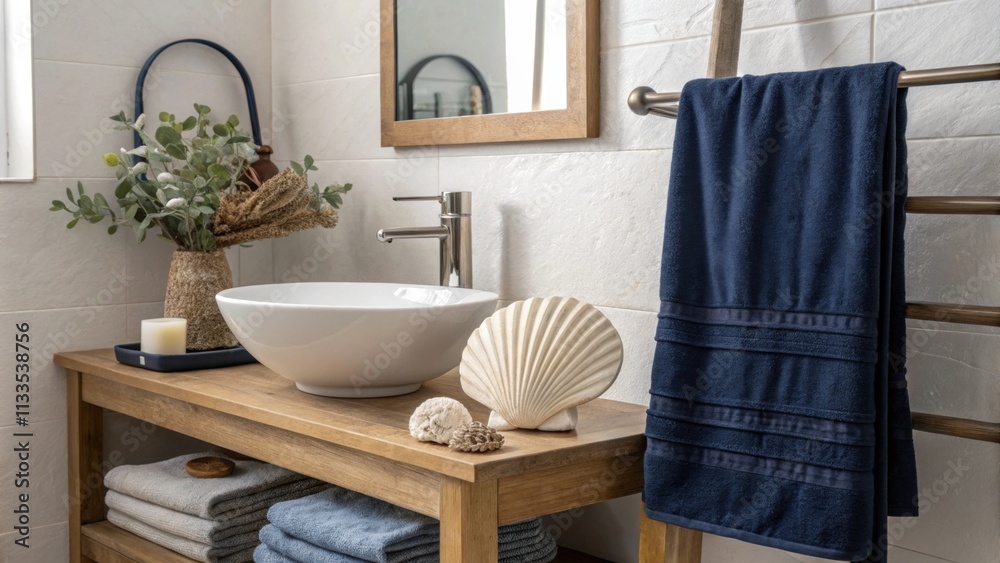 Poster the bathroom showcases a contemporary sink with a minimalist design paired with a rich navy towel dr