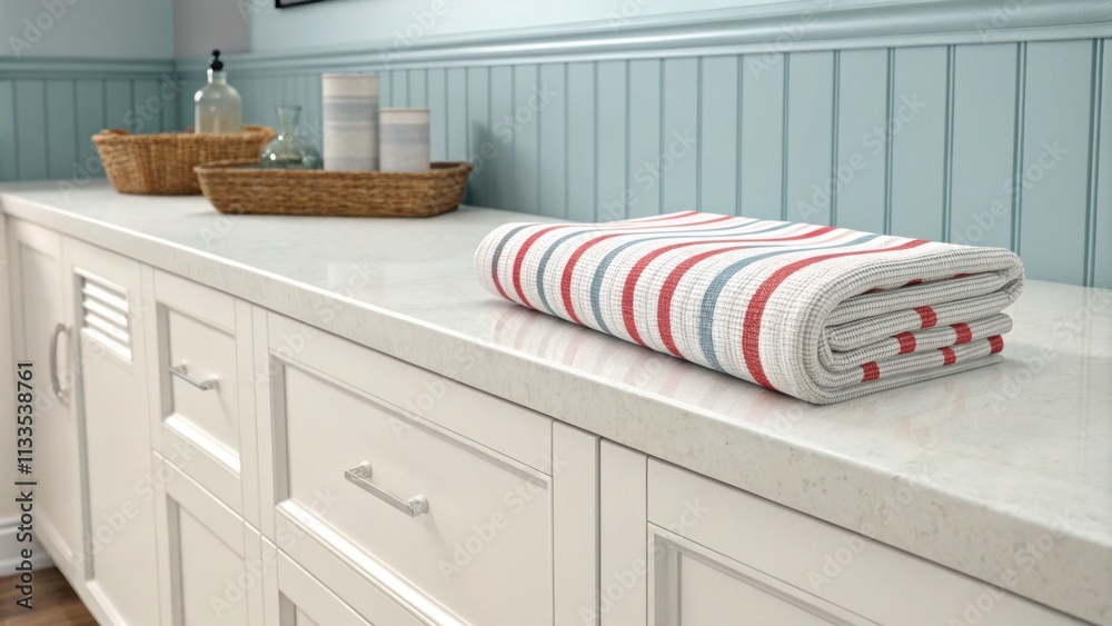 Aufkleber The image captures a minimalist setting where a smooth lightcolored countertop stands out while a bold striped towel lies nearby. The soft pale blue accent wall provides a