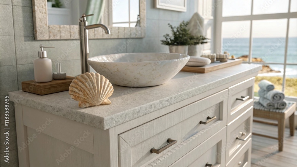 Poster an elegant coastalinspired bathroom that highlights a contemporary vanity with a delicate seashell p