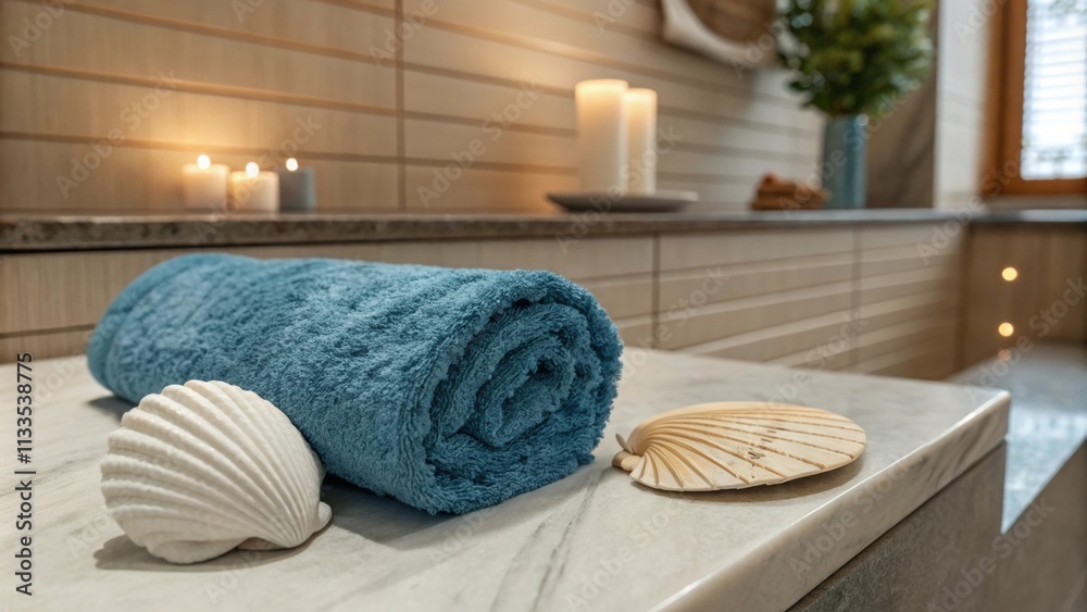 Poster The interior of a minimalist bathroom showcasing a calming palette where a plush blue towel rests on a smooth surface beside a simple ceramic shell enhanced by warm soft