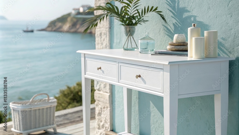 Poster an elegant white vanity sits gracefully against a soothing pale blue wall illuminated by soft natura
