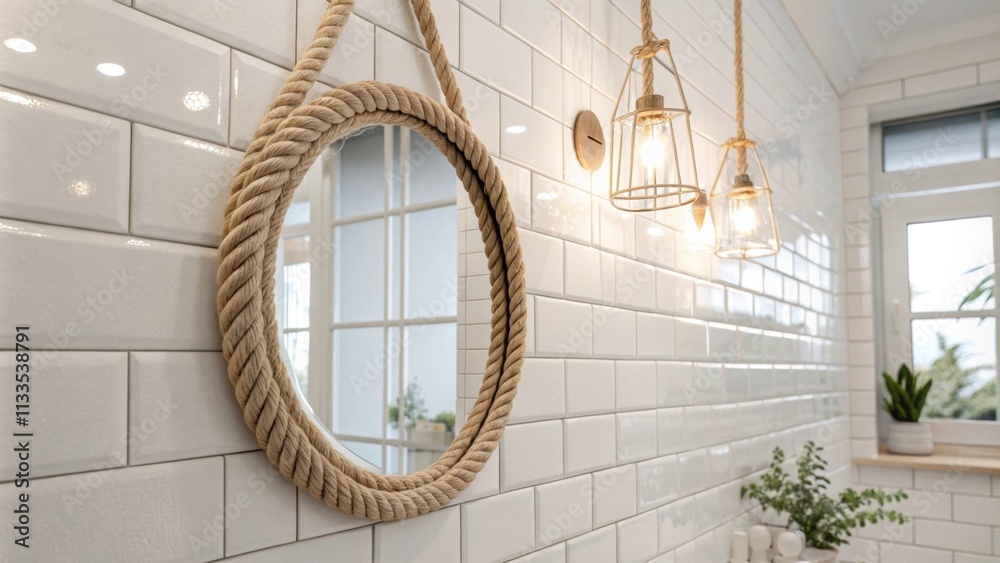 Poster A bright and airy space characterized by pristine white tile walls a stylish rope mirror reflecting the soft glow from carefully positioned light sources embodying a