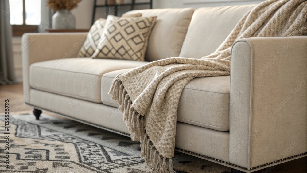 Poster An inviting minimalist living space showcasing a neutraltoned sofa draped with a soft textured throw complemented by a patterned area rug that ties the room together.