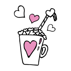 Heart mug with hot drink and marshmallows in the form of small hearts in doodle style