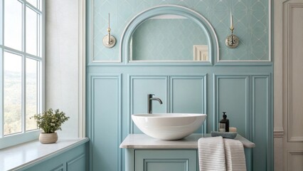 A serene interior showcasing a light blue accent wall a stylish sink with streamlined design and diffused lighting that contributes to a peaceful ambiance.