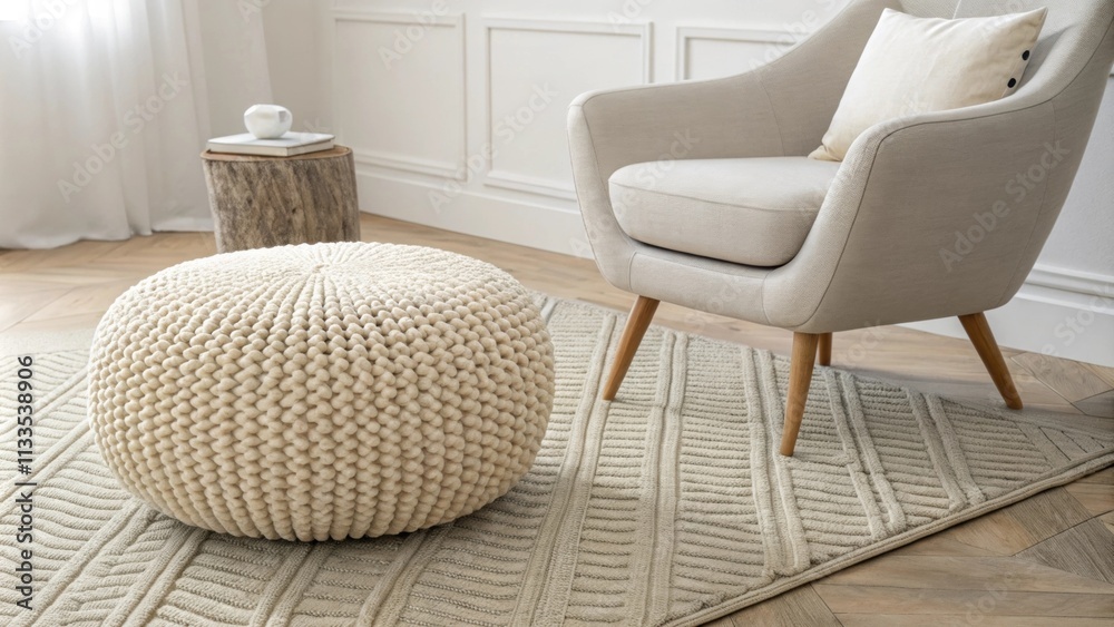 Poster the space features a distinctive tactile pouf beside a streamlined armchair both positioned on a sty