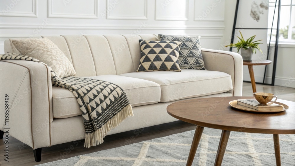Poster a refined living room characterized by a modern soft sofa accompanied by a contrasting geometric thr