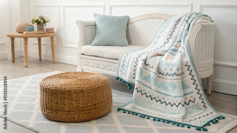 Poster A charming seating arrangement with a strikingly designed blanket artfully laid over an elegant seat a rustic woven ottoman positioned in front and a smooth clean area rug