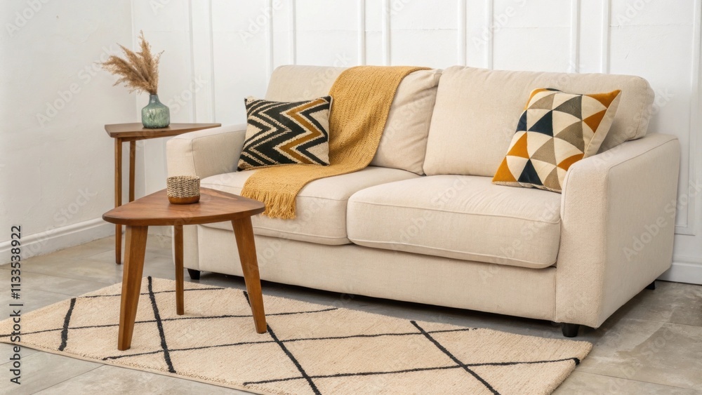 Poster In a modern minimalist setting a plush beige sofa showcases a bold geometric throw in contrasting colors. The room is anchored by a small unobtrusive wooden table set atop a